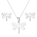 Macro shot of silver minimalist hollow dragonfly necklace and stud earrings jewelry set - 034 Solid Dragonfly - Silver