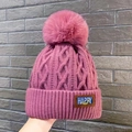 Winter knit beanie in dark pink with large pompom and braided pattern design - Happy-Thickened Style / Rose Red