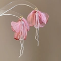 Detail of pink flower earrings with heart studs and transparent bead tassels on display - 36# 925 Sterling Silver Earring Post-Pink-Petal 3D Bead Tassel (HE24970)