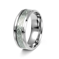 Detailed view of polished titanium steel ring with luminous Celtic dragon pattern inlay - US 5 / Silver Dragon Pattern