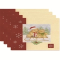 Set of 4 Christmas placemats with festive bears on sleds and white snowflake patterns - Style 9