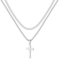 Double-layered stainless steel necklace with a silver cross pendant for men - Cuban Double Layer / Steel