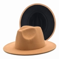 Detail of camel wool felt fedora featuring a wide brim and contrasting black underside - M (56-58cm) / Camel + Black