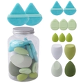 Macro detail of 14-piece makeup sponge set including blender eggs and puffs in jars - Hair Styling Tool Set / Green
