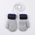 Gray knitted mittens for toddlers with blue stripes and matching safety neck string - 1-3 Years / Striped Cuff Lanyard Style / Light Gray