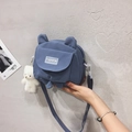 Navy canvas crossbody bag featuring cute bear pendant and decorative ears - With Pendant / Blue