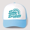 Detail of Day Drinking printed foam trucker hat with blue mesh and vintage sun graphic - One Size / Sky Blue