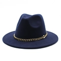 Classic dark blue wool fedora hat featuring a bold metallic gold chain band detail - 58cm One Size / Navy Blue
