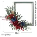 56x30cm Künstliches Blumengesteck mit dunkelroten Rosen und blauen Blättern für Rahmen - Weinrot & Saphirblau (Ohne Rahmen)