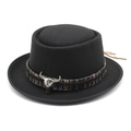 Black wool felt western cowboy hat with ethnic woven band and silver bull head emblem - M(56-58cm) / Black