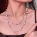 Double-layer pearl necklace featuring round white pearls and silver metal chain link - Fashion Double Layer Patchwork Artificial Pearl Silver Chain Necklace (DX0313)