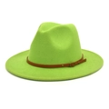 Detailed macro view of green wool felt jazz hat with brown leather belt and metal buckle - M (56-58cm) / Fruit Green