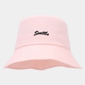 Close-up of Seattle cursive embroidery on a pink foldable quick-dry sun bucket hat - Pink