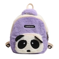 Plush panda backpack for kids featuring a purple and white color block design with straps - Purple