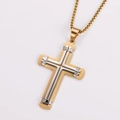 Macro view of gold and silver two-tone stainless steel cross pendant with box chain - Two-Tone Gold (With Chain)