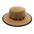 Cappello di paglia a testa piatta con bordo nero e cinturino in pelle marrone - M(56-58cm) / Cachi