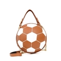 Fashionable soccer-shaped crossbody bag with brown and white leather panels and chain strap - Soccer Yellow Brown
