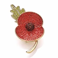 Macro detail of poppy brooch with red rhinestones and golden leaf craftsmanship - Style AL-15