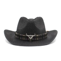 Black woven western cowboy straw hat with colorful tribal band and metal bull skull - M(56-58cm) / Black
