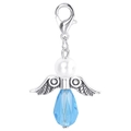 Detail of angel wing charm with blue crystal teardrop and pearl bead on a lobster clasp - Sky Blue