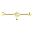 Dettaglio del piercing industriale dorato con pietra di luna e gemma rosa a cuore - Bilanciere Industriale Pietra di Luna Retro Oro (#24)