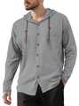 Detail eines grauen Herren-Kapuzenshirts mit Leinentextur und Schnürkragenverschluss - S / Grau