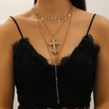 Collana a tre strati in oro con choker a cuore e croce vintage con strass brillanti - Pendente Croce Multistrato Dorato (A-437)