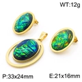 Golden titanium steel jewelry set with green opal heart pendant and stud earrings - Iridescent Oval Set (KS201187-GG)