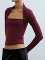 Detail of burgundy layered square neck top showing high-quality wool-tencel fabric texture - S / Burgundy