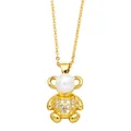 Cute gold bear pendant necklace featuring white pearl head and sparkling crystal body - Gold Bear