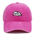Detail of cute white seal embroidery on a pink washed cotton baseball cap with ventilation - Rose Red