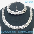 Silver woven stainless steel flat snake chain necklace and bracelet jewelry set - 2.5mm Steel Color 5-Layer Braid (Bracelet 18cm + 5cm Extender)