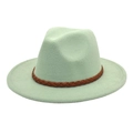 Detailed view of mint green wool fedora with a vintage brown leather braided band decoration - M (56-58cm) / Mint Green