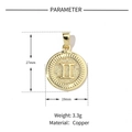 18k gold plated copper zodiac pendant with 'H' design, 19mm diameter and 3.3g weight - Gemini (YE040-3)