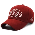 Burgundy cotton baseball cap with white letter embroidery shown in a 45-degree side view - Red