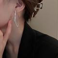 Silver geometric V-shaped drop earrings with sparkling white zircons on model - Silver Rhombus Rhinestone Style