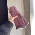 Women's pink velvet gloves with decorative bow and grey faux fur trim for winter - Purple