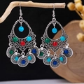 Bohemian drop earrings in antique silver with multi-color beads on wooden branch - Antique Silver + Multicolor + Coins (E5775-10)