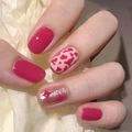 Hot pink and cow print press-on nails with glitter star patterns for professional manicure - HY262 Rose Red Spot Star
