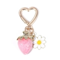 Pink resin strawberry keychain with heart clasp and small white enamel daisy flower charm - Pink Strawberry Heart Hook + Accessories