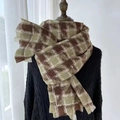 Winter houndstooth scarf in brown and olive green with decorative fringed edges - Green
