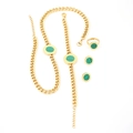 Detail of gold stainless steel jewelry set with green malachite pattern round charms - Green Jewelry Set