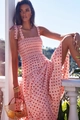 Detail of pink summer dress with red square print and stylish bow tie-up straps - Pink Polka Dot
