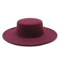 Close-up of a dark red wool felt flat top hat with a wide 10cm brim and smooth texture - M (56-58cm) / Burgundy