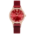 Women's quartz watch with red sunburst dial, Roman numerals, and rose gold magnetic strap - Red