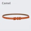 Slim camel genuine leather belt with matching square buckle and double loops for women - Camel