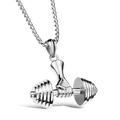 Silver titanium steel dumbbell pendant necklace for men with athletic fitness theme design - Hand Holding Dumbbell