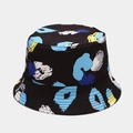 Detailed view of colorful graffiti abstract print on a double-sided black bucket hat - M (56-58cm) / Black