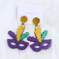 Festive Mardi Gras mask earrings with purple green and gold glitter feathers - Carnival Mask