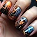 Halloween press-on nails featuring orange gradient, bats, and haunted house silhouettes - Mysterious Castle Dead Tree Gradient Silhouette Style (CW740)